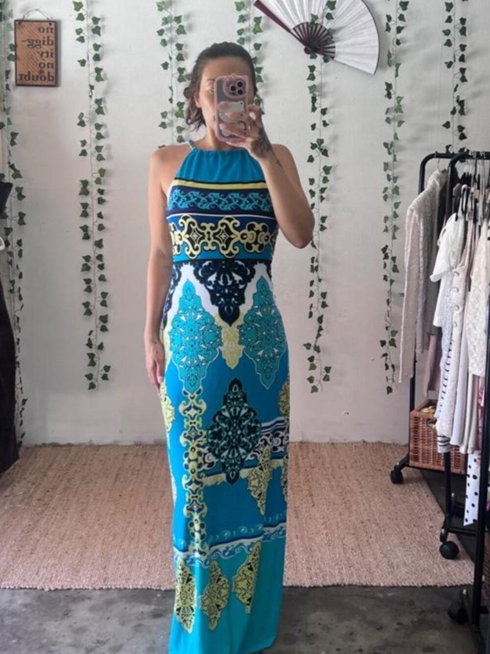 Caché Vintage Blue and Yellow Baroque Print Halter Maxi Dress size s